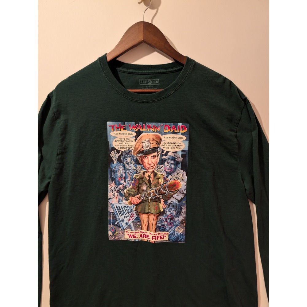 Jerzees The Walkin Daid Shirt Mens Large Green Barney Fife Zombie Parody Tee